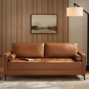 Goodwin Mid-Century Modern Vegan Faux Leather Sofa with Throw Pillows in Carmel Brown (75.6 in. L)