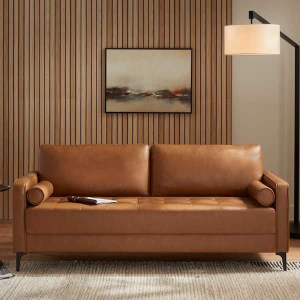 StyleWell Goodwin Mid-Century Modern Vegan Faux Leather Sofa with Throw Pillows in Carmel Brown (75.6 in. L)