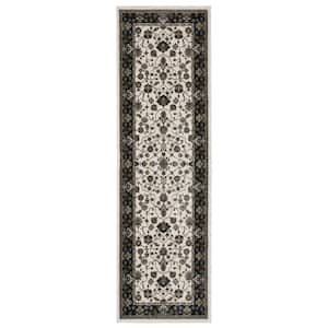 Victoria Ivory/Navy 2 ft. x 8 ft. Classic Oriental Bordered Polyester Fringed-Edge Indoor Runner Area Rug