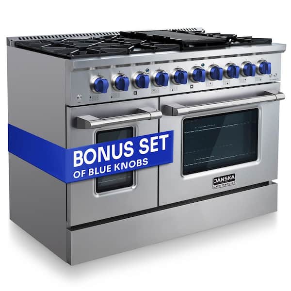 Professional 48 in. 6.7 cu. ft. LP Ready Gas Range, 8-Burners, Double Oven, Griddle, in Stainless Steel with 2 Knob Sets