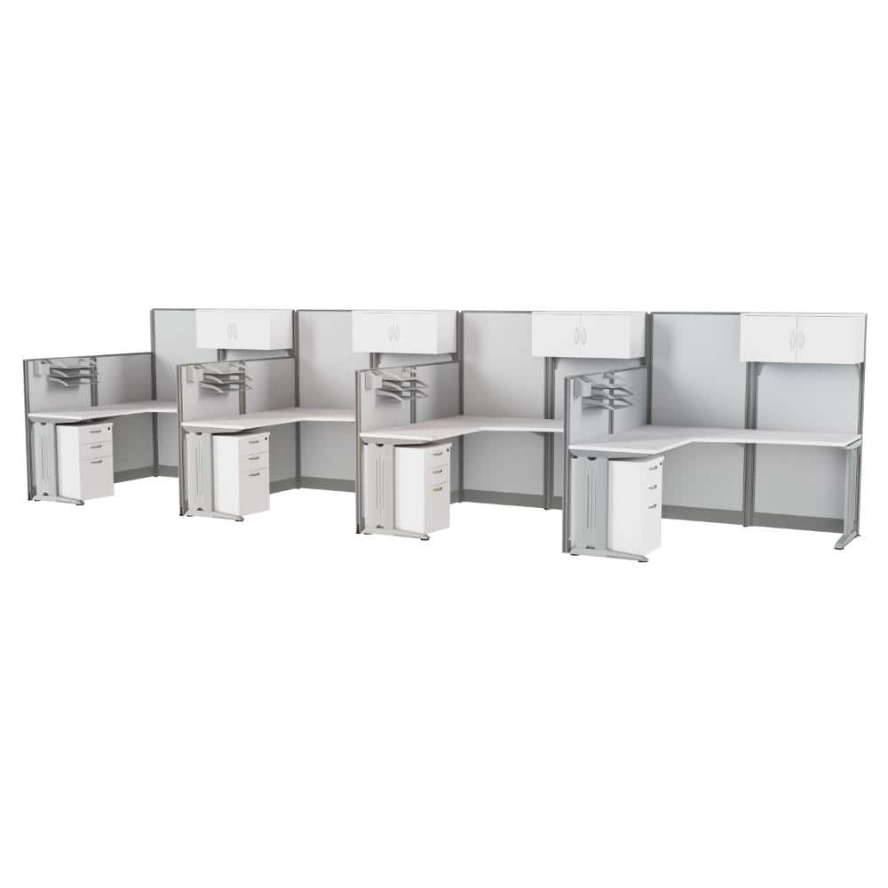 Instant Office 63"H x 129"W 4 Person L-Shaped Cubicle Panel Workstation w/ Storage, Pure White