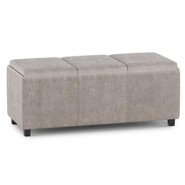 Simpli Home Avalon 17 in.D x 42 in. W x 17 in. H Contemporary Rectangle Storage Ottoman in Distressed Grey Taupe Faux Leather