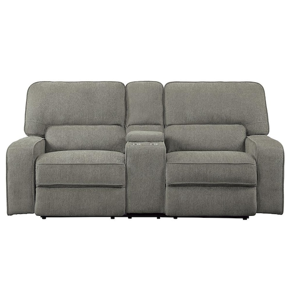 Lazzara Amite 85 in. W Mocha Chenille Power Double Reclining Loveseat with Center Console, Power Headrests and USB Ports
