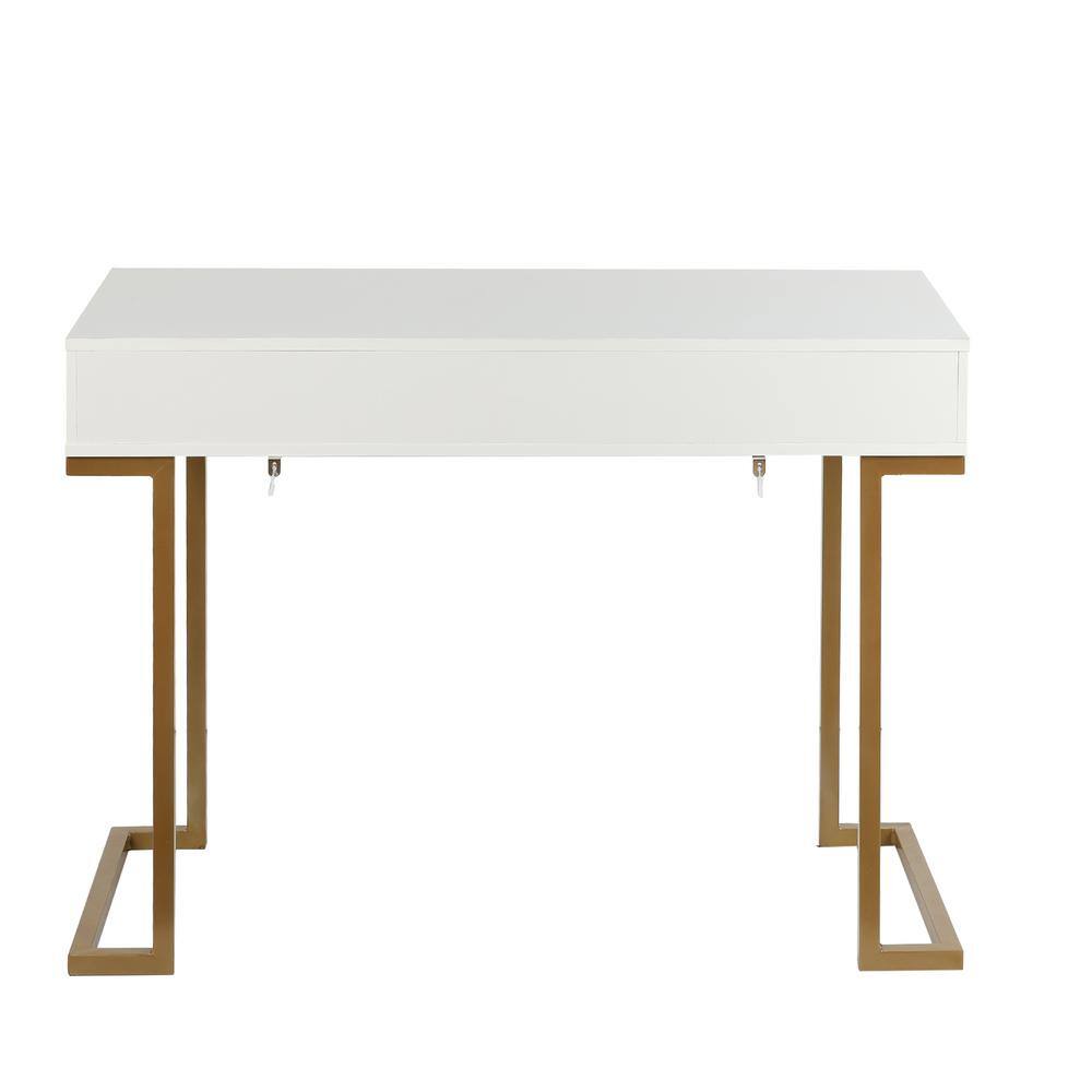 White Wood and Gold Metal Two Drawer Writing Desk