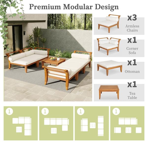 6-Piece Teak Wood Outdoor Sofa Sectional Set with Tea Table and