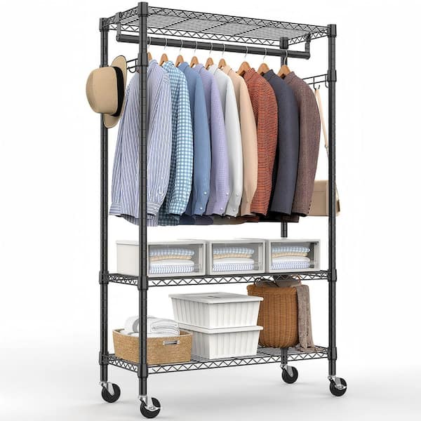 Black 3 Tiers Heavy Duty Steel Rolling Clothes Rack with Rod and Side Hooks, 29.5 in. W x 74.5 in. H x 15.7 in. D