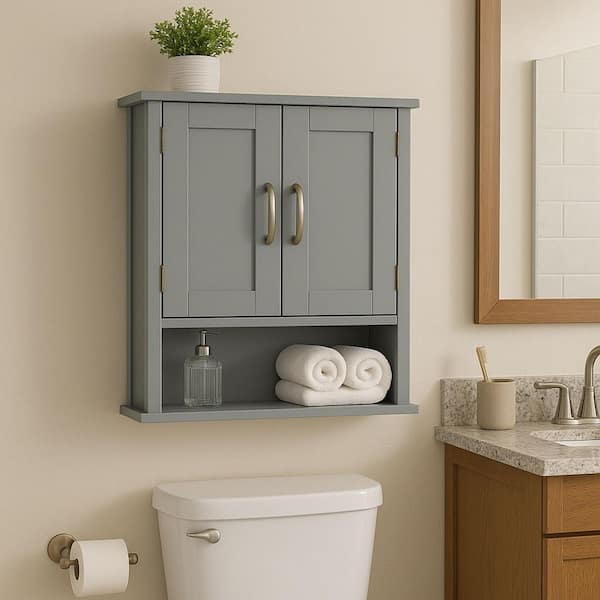 Teamson Home Mercer Mid Century Modern 20.07 in. W x 7.08 in. D x 24.17 in. H Grey Wooden Bathroom Wall Cabinet