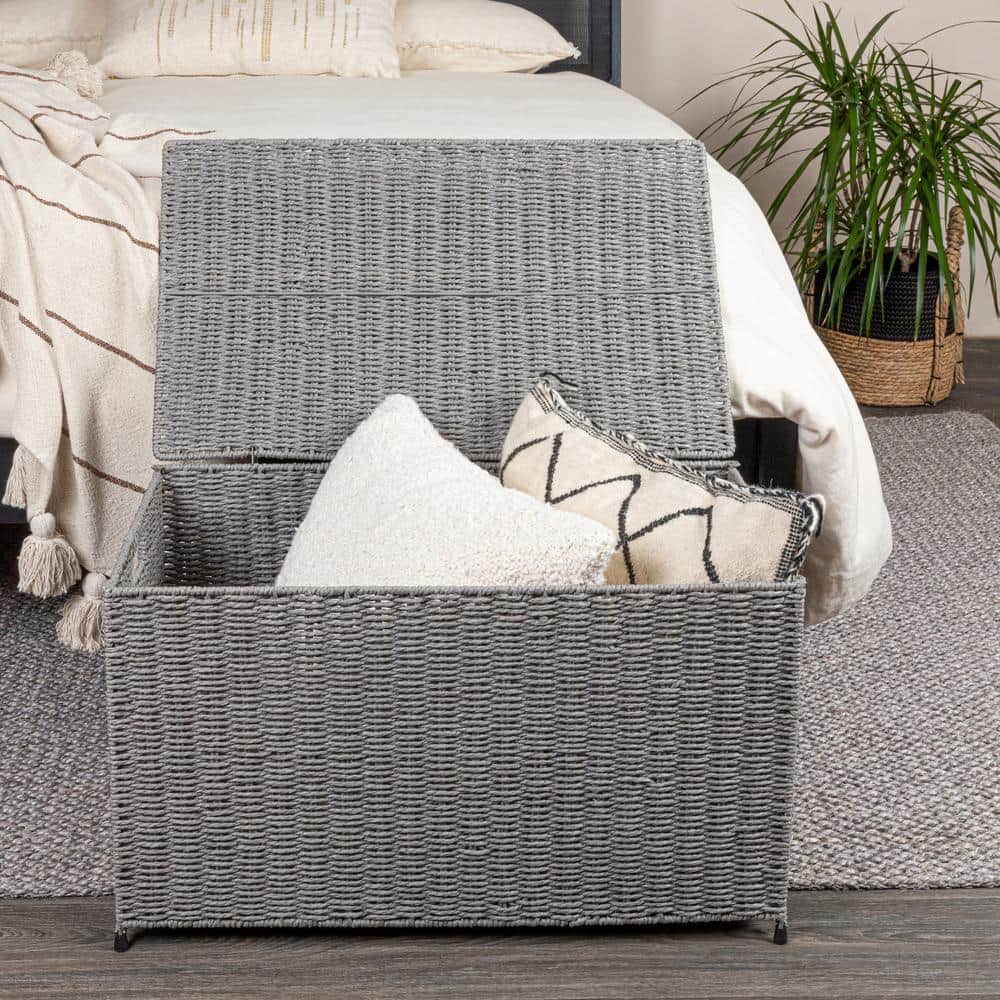 Large Gray Woven Paper Rope Storage Chest with Hinged Lid