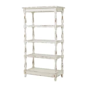5 Shelf Wood Stationary White Distressed Open Shelving Unit with Spindle Sides and Mesh