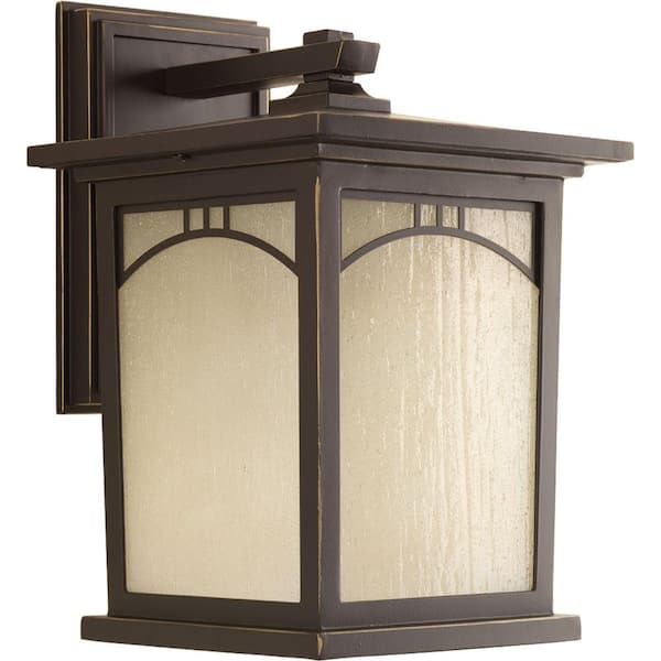 Residence Collection 1-Light Antique Bronze Umber Textured Art Glass Craftsman Outdoor Medium Wall Lantern Light