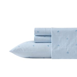 Turtle Gingham Pale Blue 4-Piece Percale Cotton Queen Sheet Set