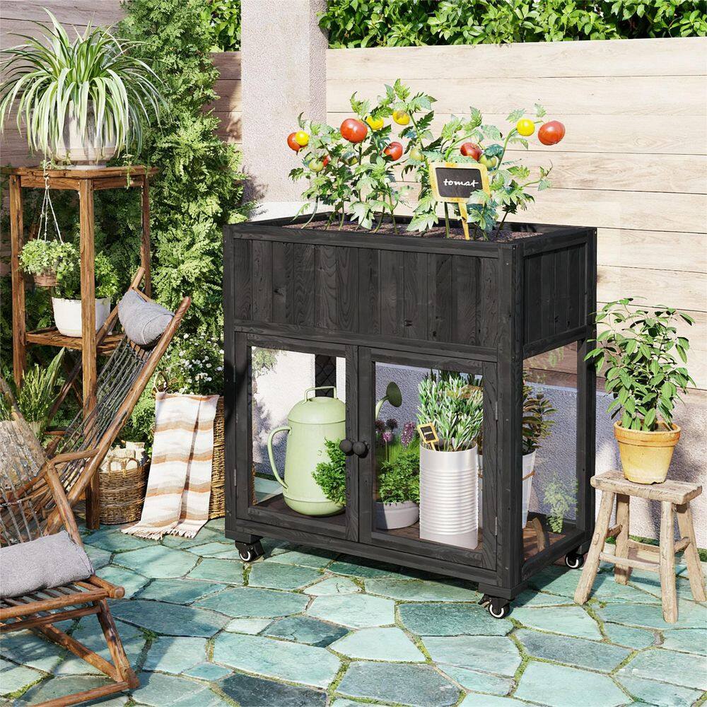 Outdoor Garden Mini Wood Cold Frame Raised Bed Patio Mini Greenhouse Cabinet with Wheels and Liner in Black price history on PriceWatchPro