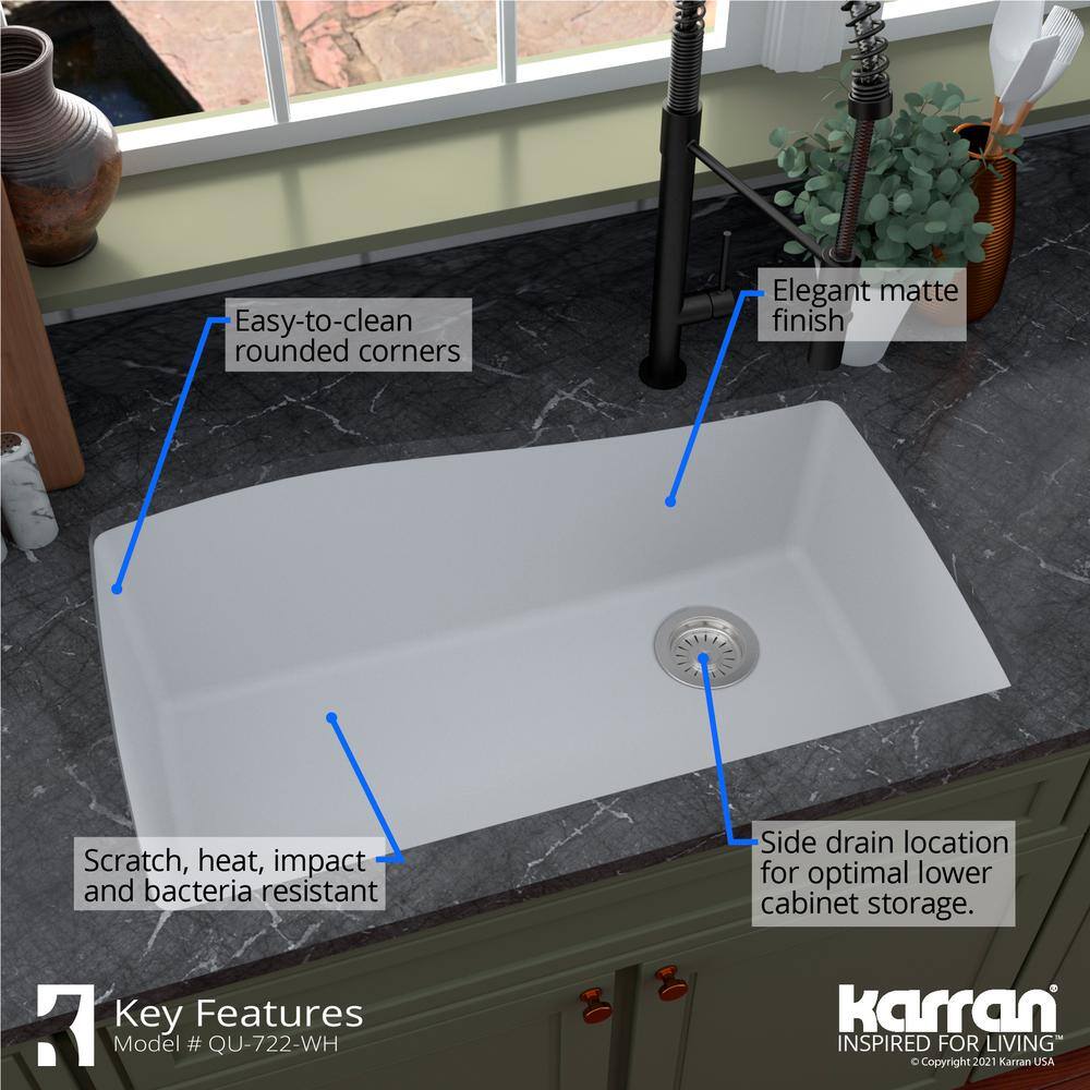 White Quartz Composite Single Bowl Undermount Kitchen Sink