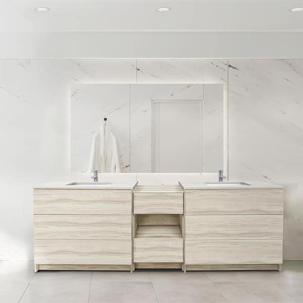 Ella Element 92 in. W x 22 in. D x 35 in. H Double Sink Bath Vanity in Light Oak with Calacatta White Quartz Top Single Hole