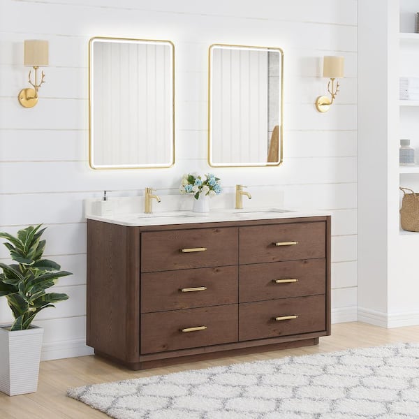 Porto 60 in. W x 22 in. D x 33.8 in. H Double Sink Bath Vanity in Aged Dark Brown Oak with White Quartz Stone Top