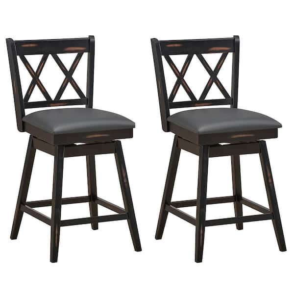 Gymax 38 in. H (Set of 2) Barstools Swivel Counter Height Chairs w/Rubber Wood Legs Black