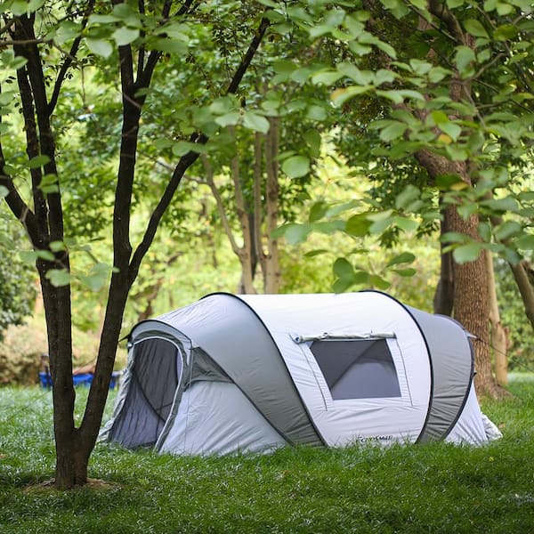 4-6-Persons Pop-Up Boat Tent 4 Mesh Windows and 2-Doors in White and Gray