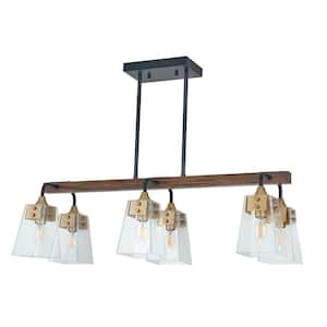 Modern Line 6-Light Wood Painted Hanging Barn Light Linear Chandelier for Living Room with No Bulbs Included