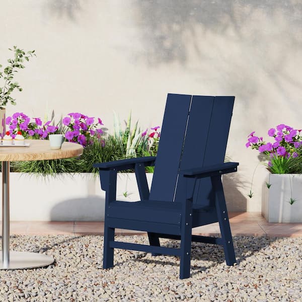 Shoreside Outdoor Patio Fade Resistant HDPE Plastic Adirondack Style Dining Chair with Arms in Navy Blue