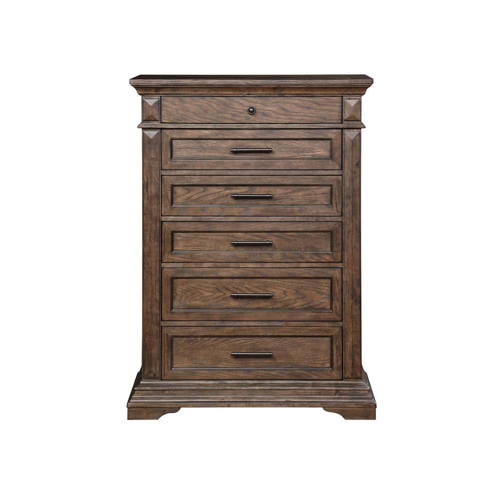 Brushed Walnut 6-Drawer Vertical Chest with Mirror