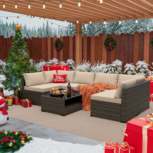 7-Piece Wicker Outdoor Patio Conversation Sectional Set Coffee Table with Beige Cushions and Free Christmas Tree