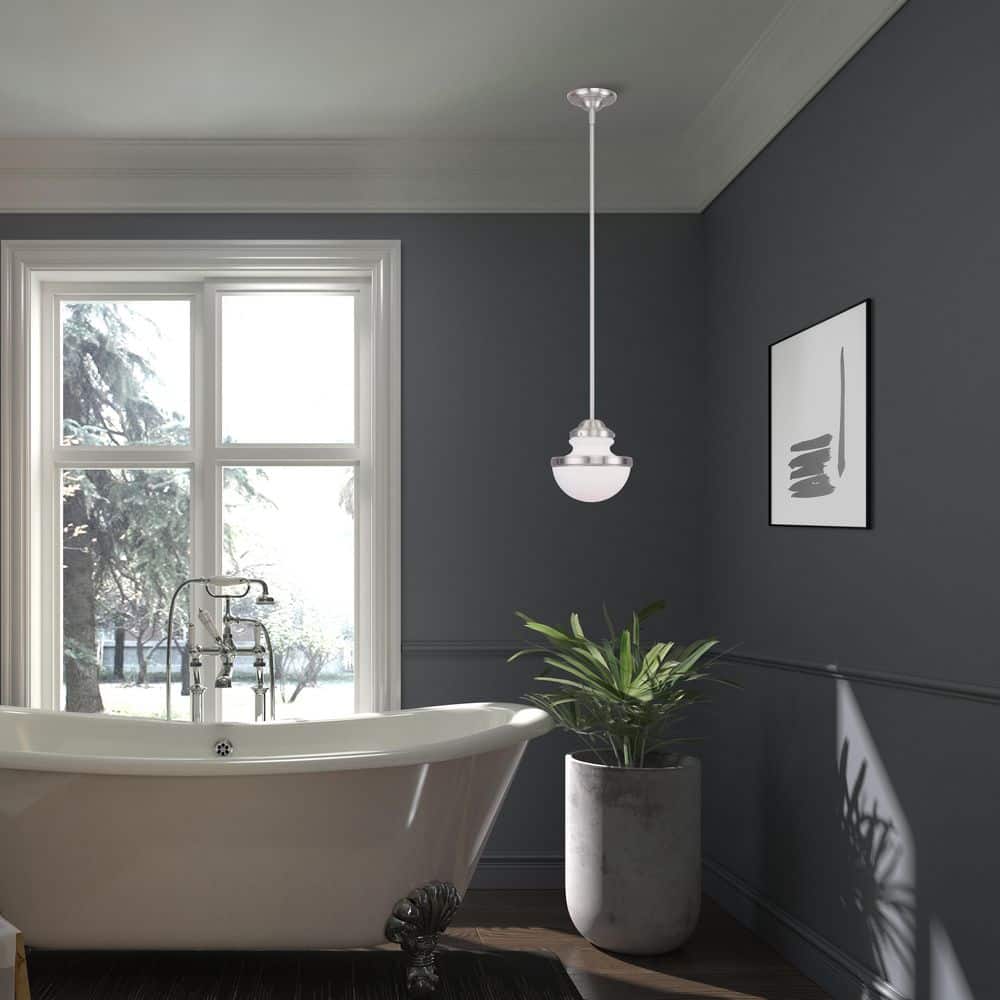 Oldwick Mini Hand Blown Satin Opal Glass Pendant Light in Brushed Nickel