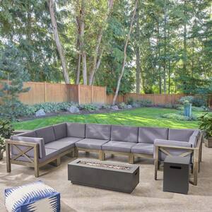 Thasos Grey 10-Piece Wood Patio Fire Pit Sectional Seating Set with Dark Grey Cushions