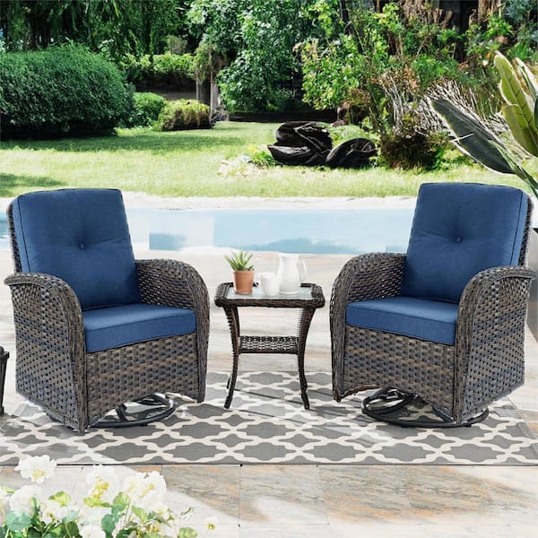 Gymojoy Annies Brown 3-Piece Wicker Patio Conversation Deep Seating Set Oudoor Swivel Rocking Chair with Blue Cushions