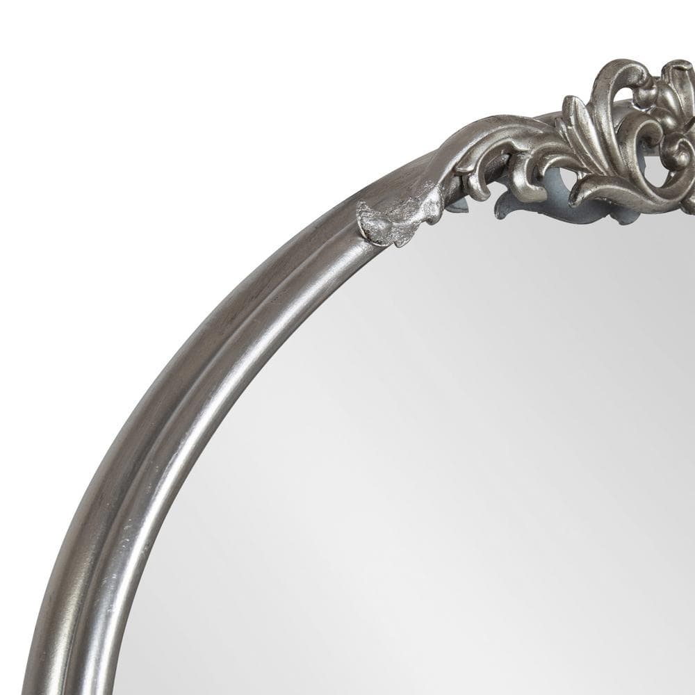 Oval Silver Wood Vanity Mirror with Intricate Metal Crown