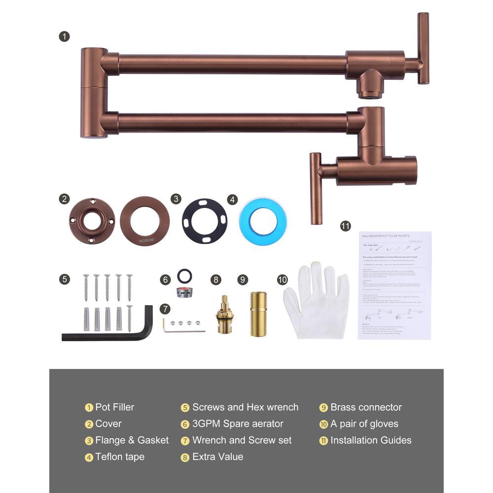 Rose Gold Brass Wall Mounted Pot Filler Faucet with Double Joint Swing Arms
