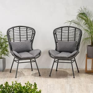 2-Piece Rattan Woven Outdoor Lounge Chair, Black Metal Frame, Mix and Match, with Grey Cushions