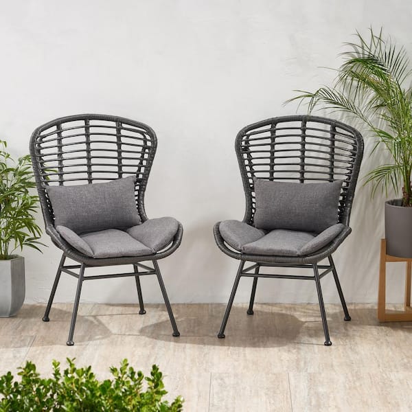 TANKY TRADING INC 2-Piece Rattan Woven Outdoor Lounge Chair, Black Metal Frame, Mix and Match, with Grey Cushions