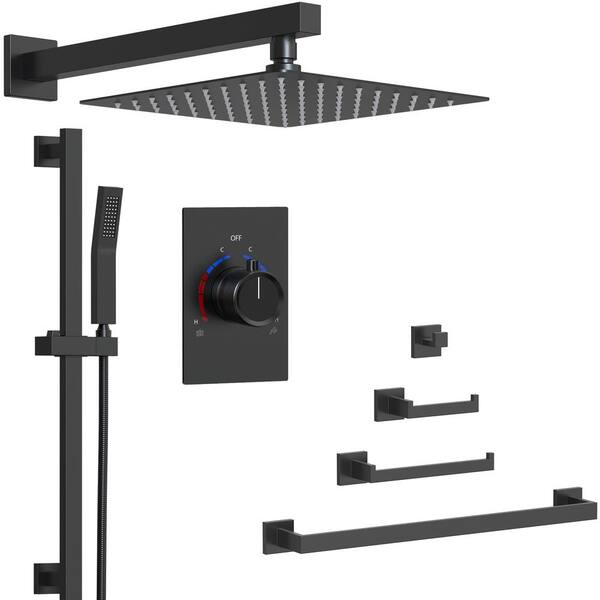 GRANDJOY 2-Spray 10in. Pressure Balance Dual Wall Mount Fixed and Handheld Shower Head 2.5 GPM with Towel Rack Set in Matte Black