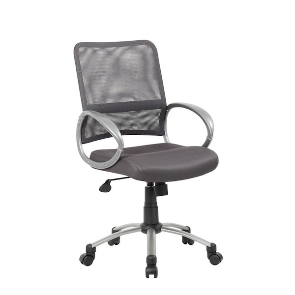 BOSS Office Products Gray Mesh, Fabric Seat Task Chair with Pewter Finish Arms and Base