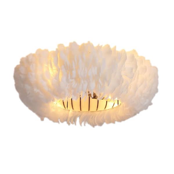 20 in. White Feather-Dressed and PC Blades Flush Mount Standard Low Profile Ceiling Fan Without Lights, Remote Control