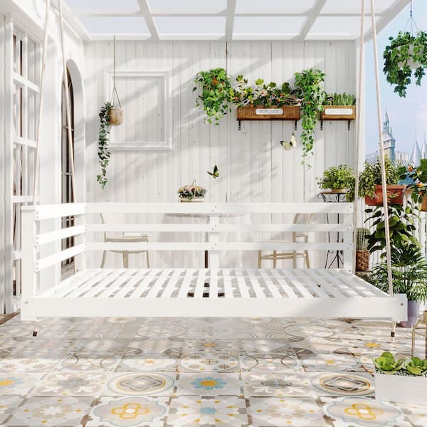 2-Seat White Wooden Twin Size Outdoor Patio Swing Hanging Chair with 4-Piece 96 in. Hemp Ropes