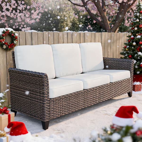 3 Seat Wicker Outdoor Patio Sofa Couch with Deep Seating and Beige Cushions