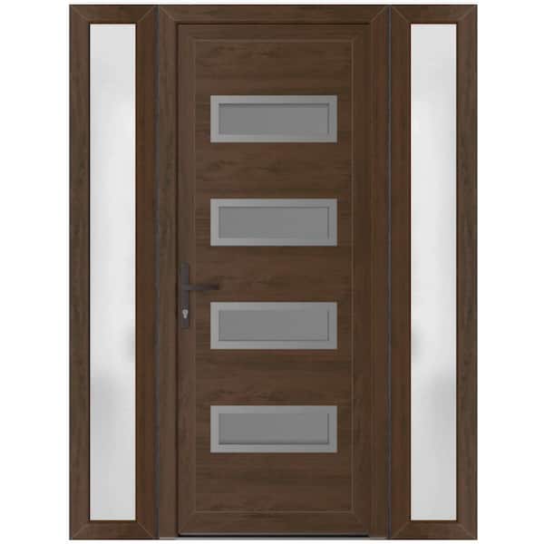 64 in. x 80 in. Right-hand/Inswing Frosted Glass Walnut Steel Prehung Front Door with Hardware