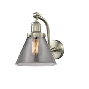 Cone 8 in. 1-Light Brushed Satin Nickel Wall Sconce with Plated Smoke Glass Shade