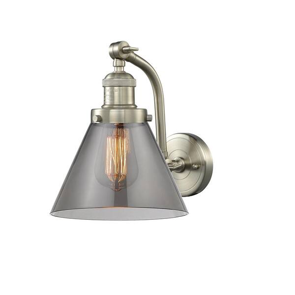 Innovations Cone 8 in. 1-Light Brushed Satin Nickel Wall Sconce with Plated Smoke Glass Shade