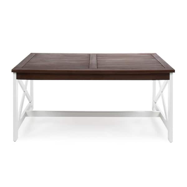 Noble House Ivan White Rectangle Wood Outdoor Coffee Table with Dark Brown Top