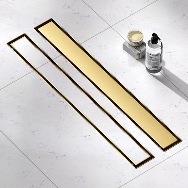 24 in. Linear Shower Drain, Square Grid Pattern 304 Stainless Steel Floor Drain w/Hair Strainer, Brushed Gold