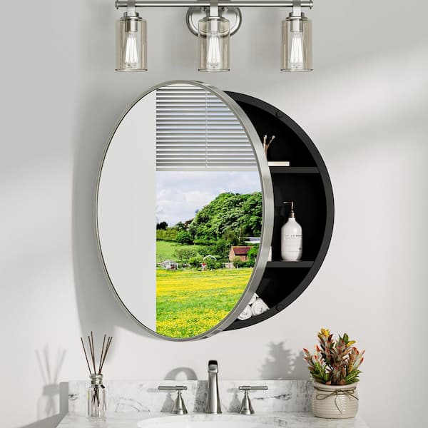28 in. W x 28 in. H Round Brushed Nickel Metal Framed Surface Mount Medicine Cabinet with Mirror