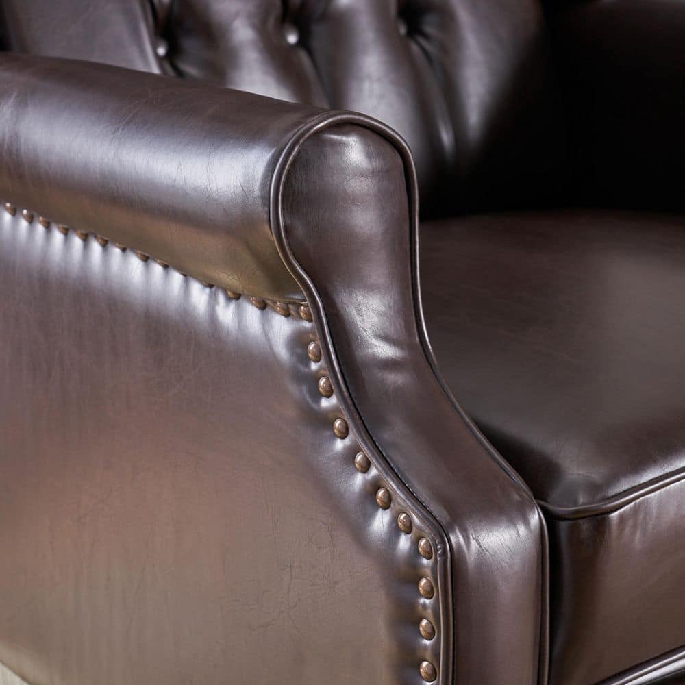 Brown Tufted Leather Wingback Recliner with Wood Legs