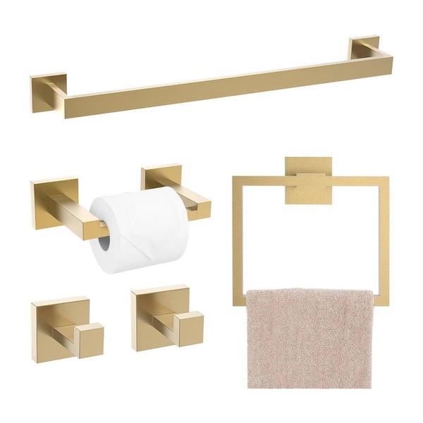Unbranded 5-Piece Wall-Mounted Bathroom Hardware Set with Owel Bar, Toilet Paper Holder, Towel Ring and Coat Hooks in Brushed Gold