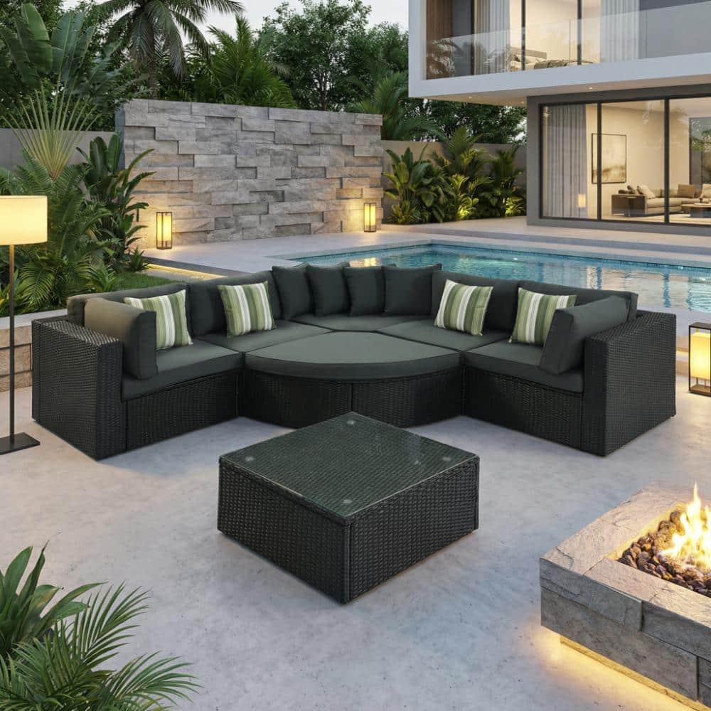 7-piece Wicker Outdoor Sectional Set with Gray Cushions and Striped Green Pillows price history on PriceWatchPro