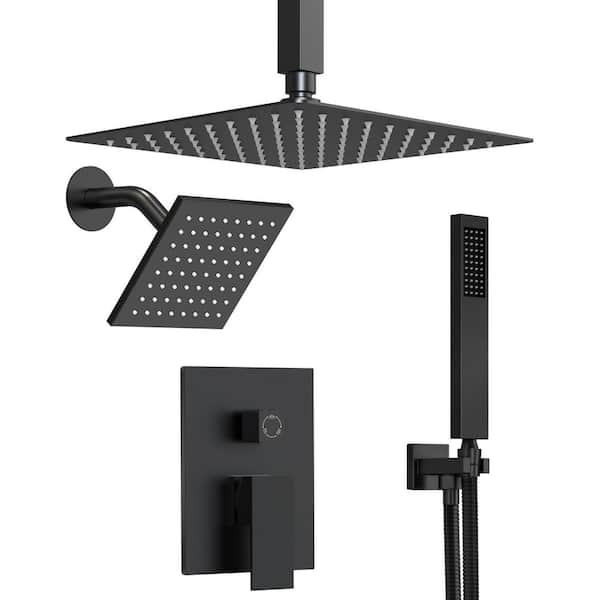 3-Spray 10 and 6 in. 3 in 1 Dual Fixed and Handheld Shower Head Ceiling Mount 2.5 GPM in Matte Black Valve Included