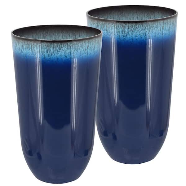 15 in. x 15 in. x 25.5 in. Tall Round Blue Plastic Planter Pots for Indoor/Outdoor Plants (2-Pack)