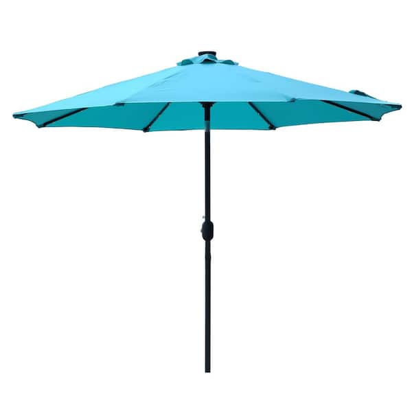 9 ft. Aluminum Market Solar Lighted Patio Umbrella in Lake Blue