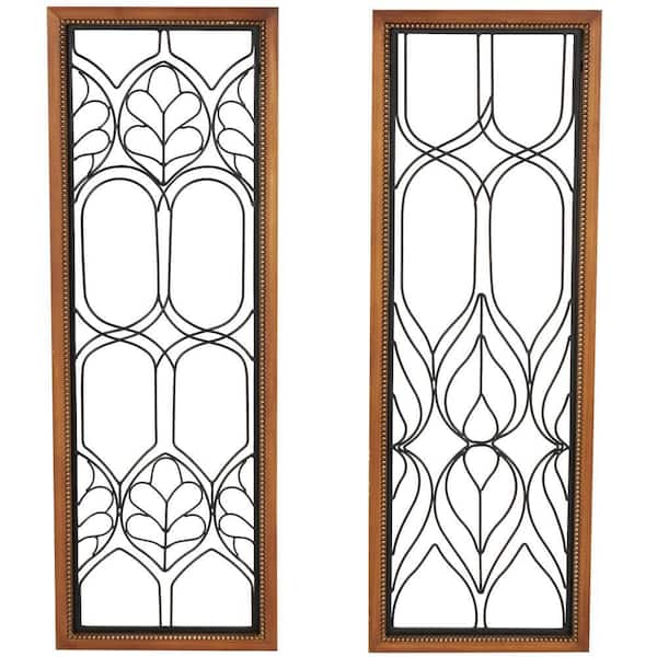 Litton Lane 11 in. x 31 in. Black Metal Wire Cutout with Beaded Wood Frame Wall Art Decor Set of 2